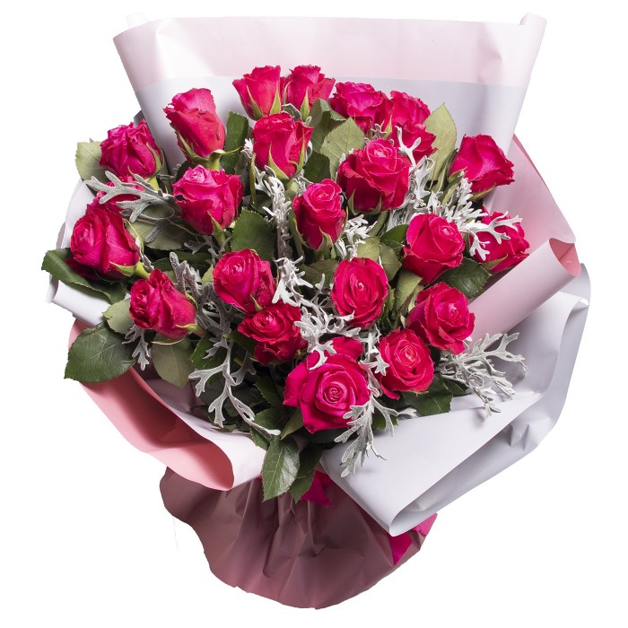 Малиновые розы с синецио