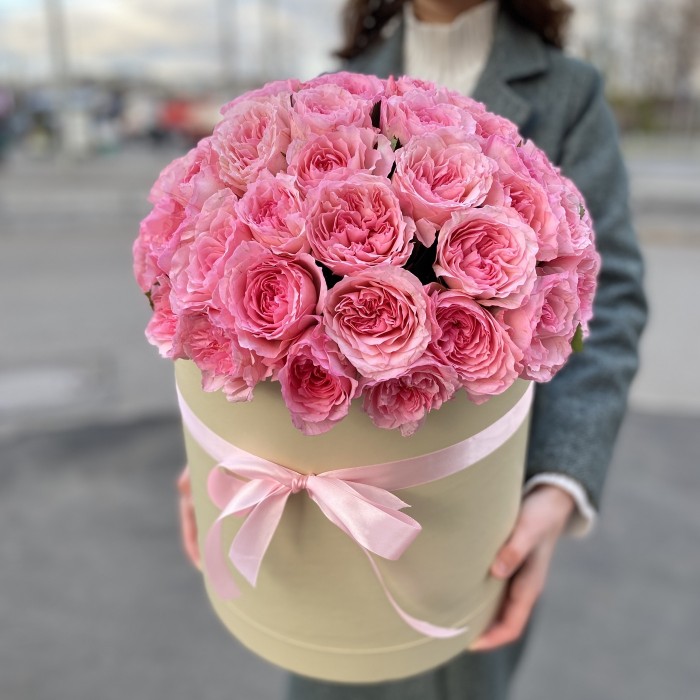 Пионовидные розы Mayra’s Pink в кремовой коробке L
