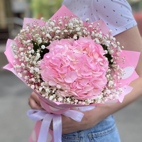 Розовая гортензия с гипсофилой