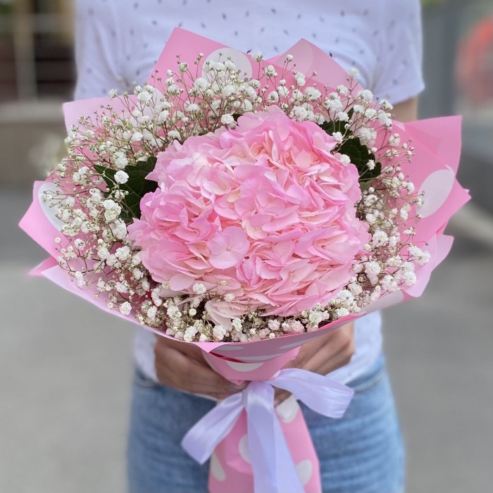 Розовая гортензия с гипсофилой