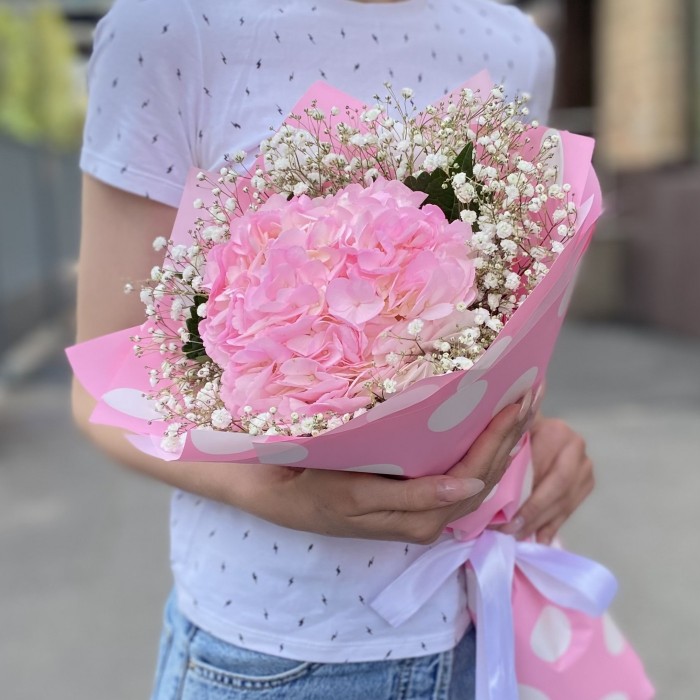 Розовая гортензия с гипсофилой