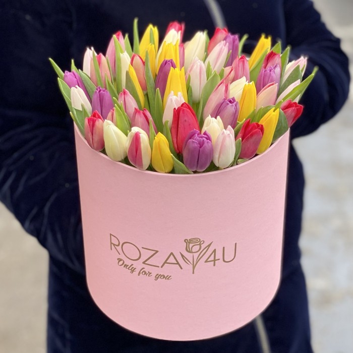 51 тюльпан яркий микс в розовой коробке