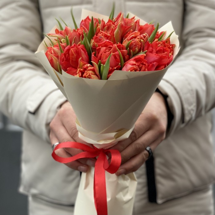 15 красных пионовидных тюльпанов Абба