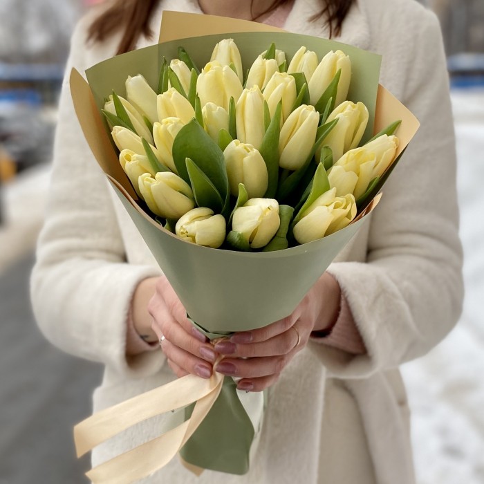 25 кремовых тюльпанов