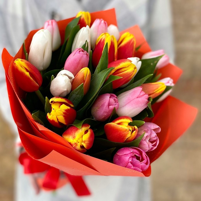 Букет 25 тюльпанов Микс - купить с доставкой или самовывозом в Москве и области в магазине качественных цветов по низким ценам
