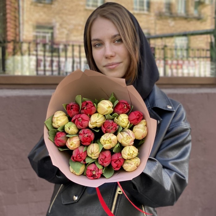 25 красных и кремовых пионовидных тюльпанов