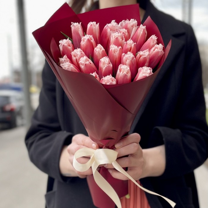 25 красно-белых махровых тюльпанов New santa