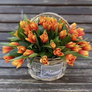 75 ярких тюльпанов в корзине