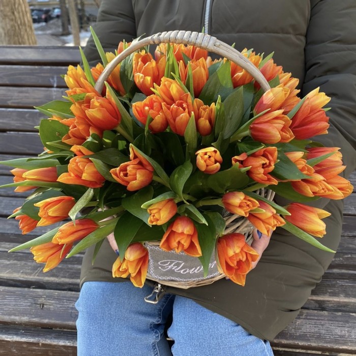 75 ярких тюльпанов в корзине