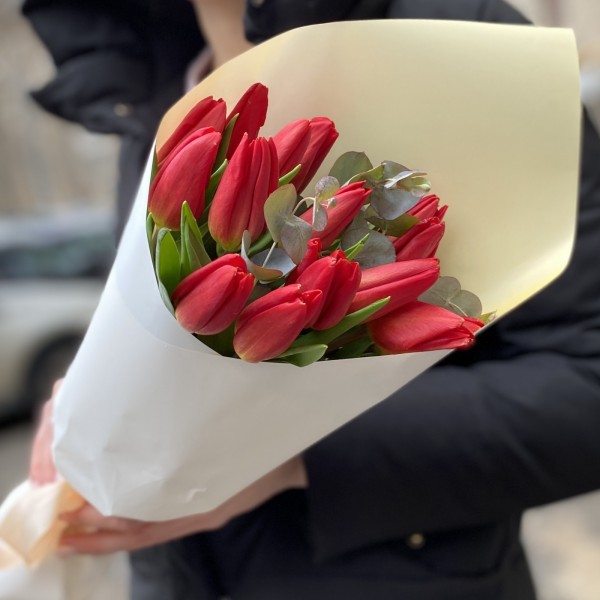 15 красных тюльпанов с зеленью