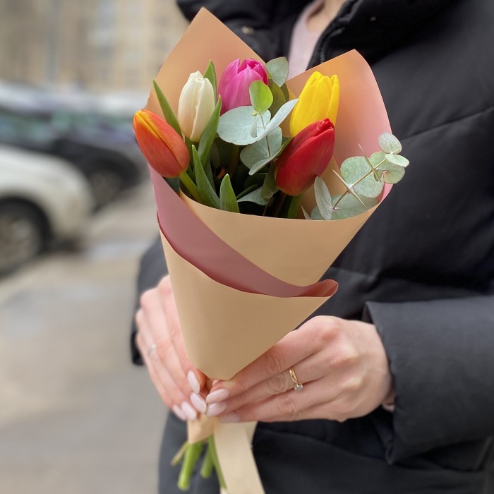 5 разноцветных тюльпанов