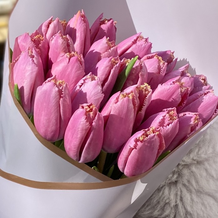 Букет 25 махровых сиреневых тюльпанов