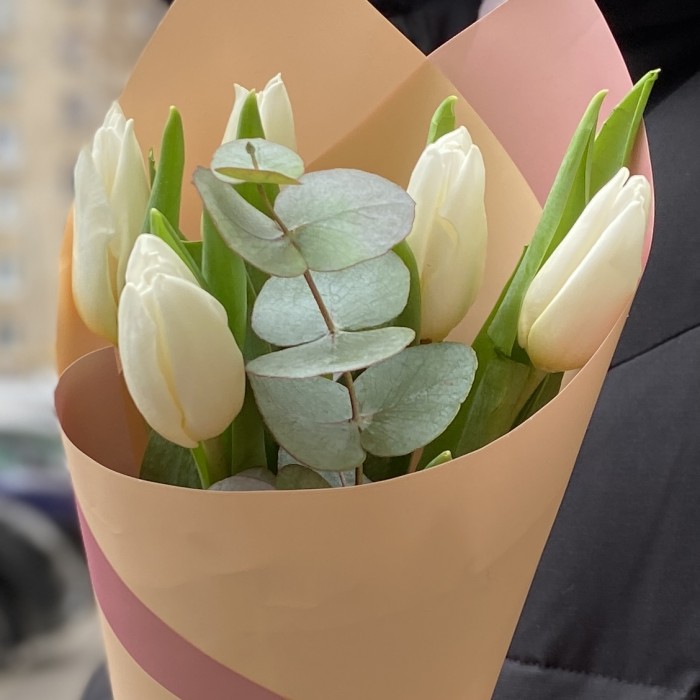 5 белых тюльпанов