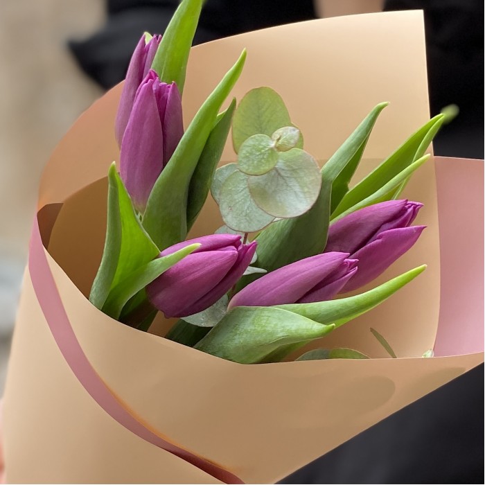 5 фиолетовых тюльпанов