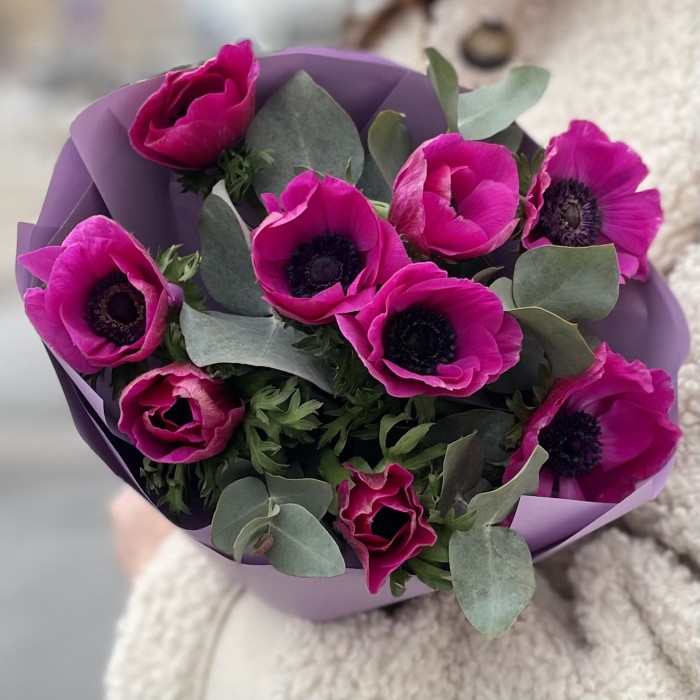 9 малиновых анемонов с эвкалиптом