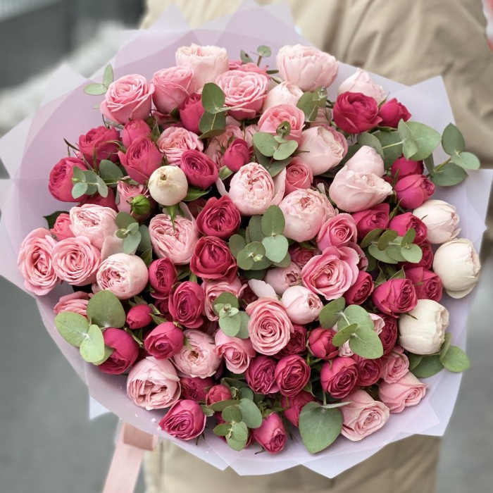 25 кустовых пионовидных роз Премиум