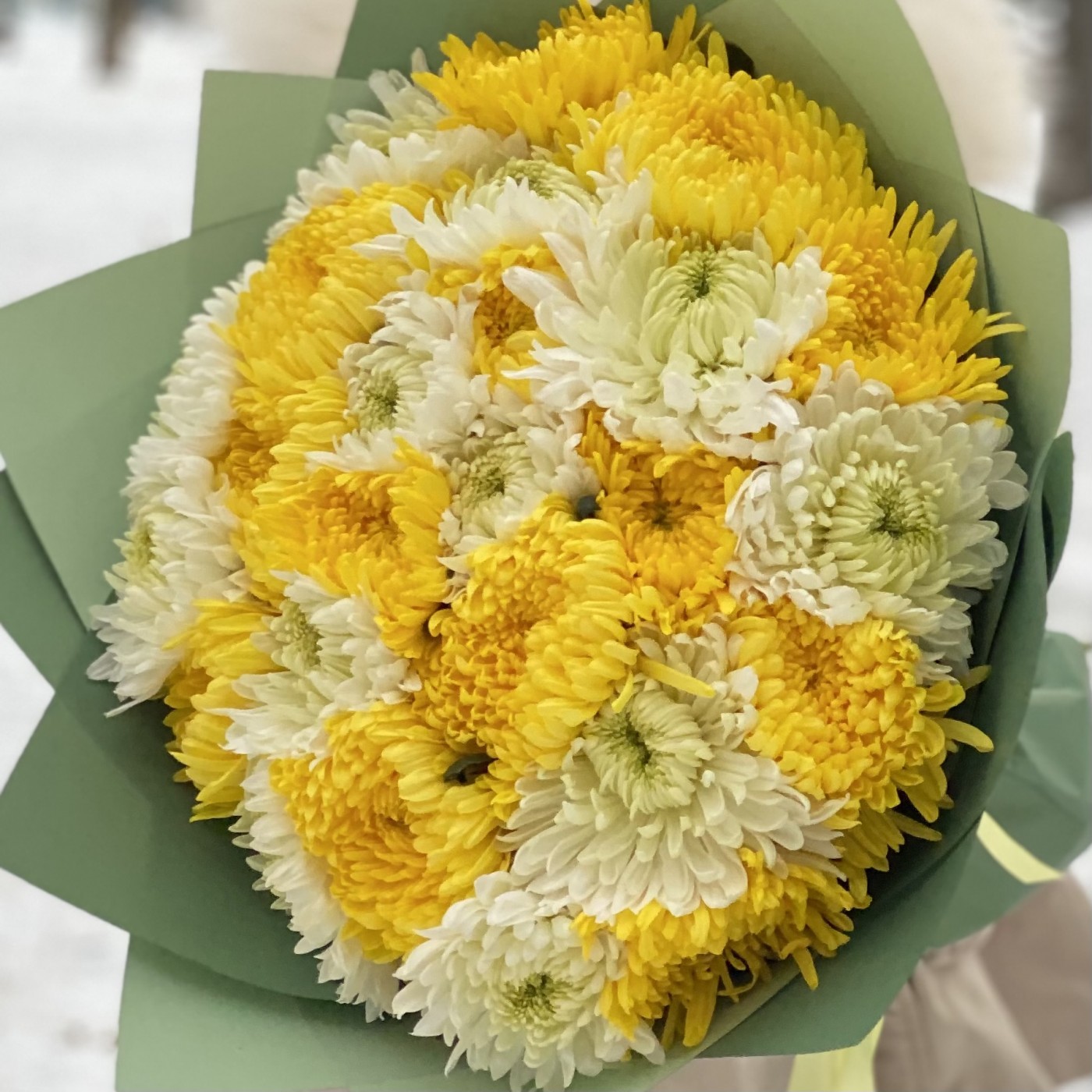 Букет желтых и белых хризантем на 14 февраля