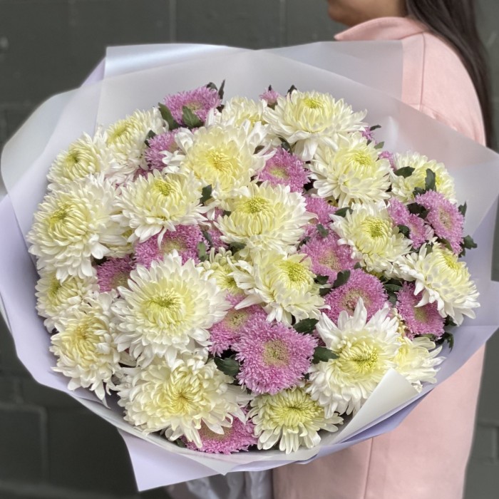 Букет из 51 белой и розовой хризантемы