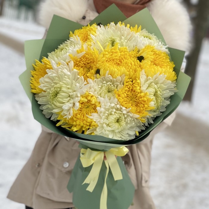 15 белых и жёлтых хризантем