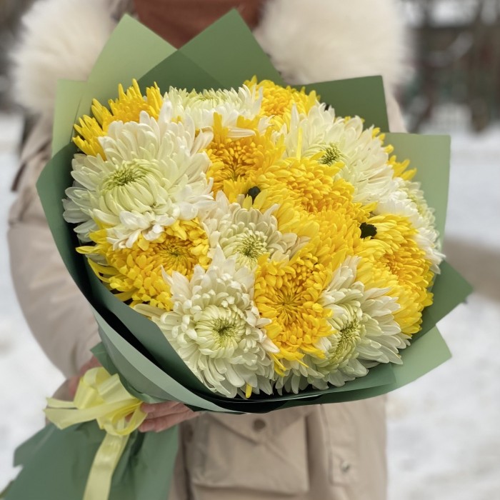 15 белых и жёлтых хризантем