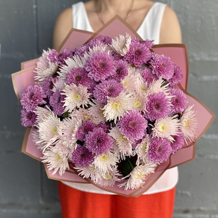 15 сиреневых и розовых кустовых хризантем