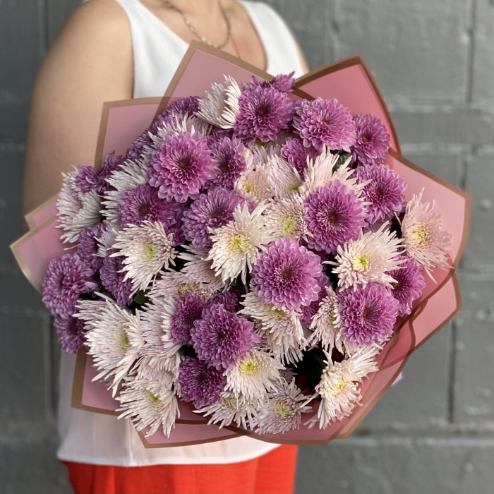 15 сиреневых и розовых кустовых хризантем