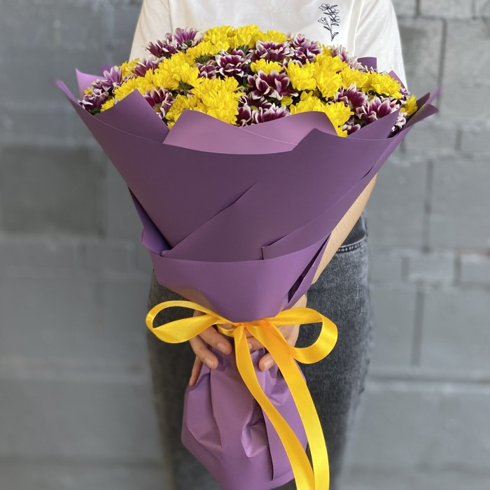 35 фиолетовых и желтых хризантем Сантини