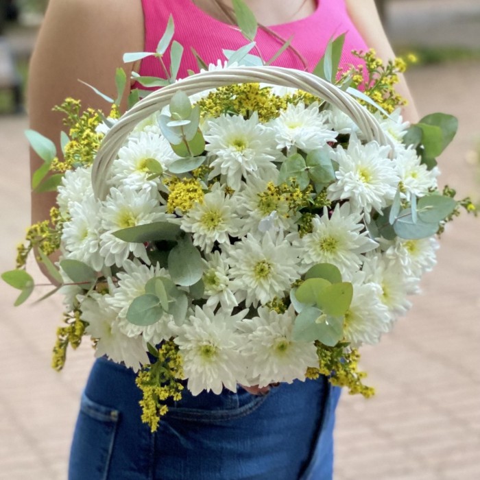 9 белых кустовых хризантем Балтика с солидаго в корзине