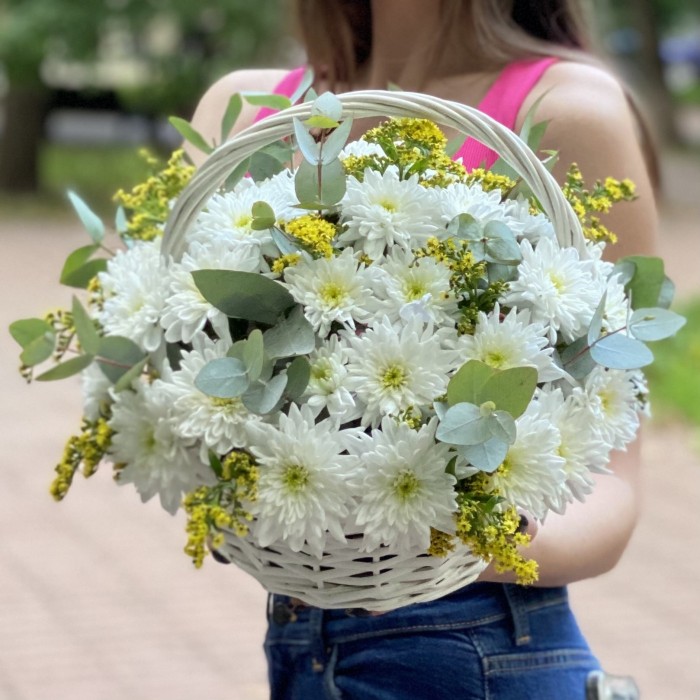 9 белых кустовых хризантем Балтика с солидаго в корзине