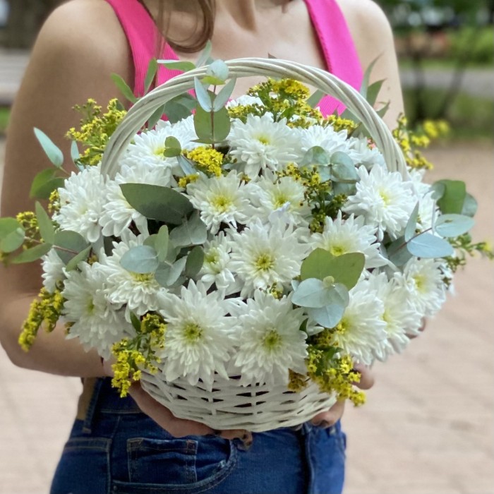 9 белых кустовых хризантем Балтика с солидаго в корзине