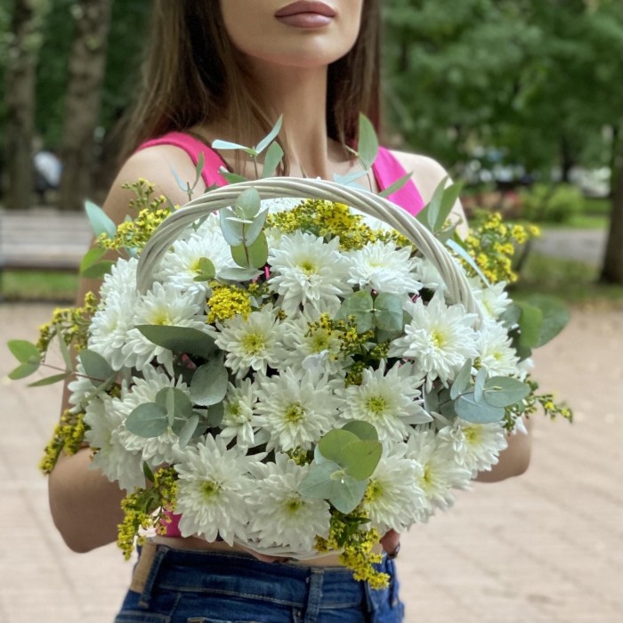9 белых кустовых хризантем Балтика с солидаго в корзине