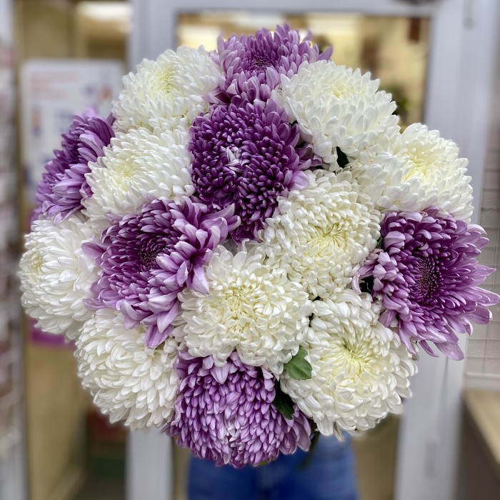 Букет из белой и фиолетовой хризантемы