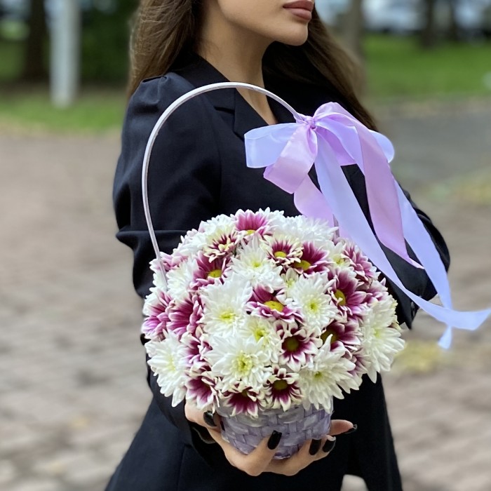 Дуэт кустовых хризантем в корзине