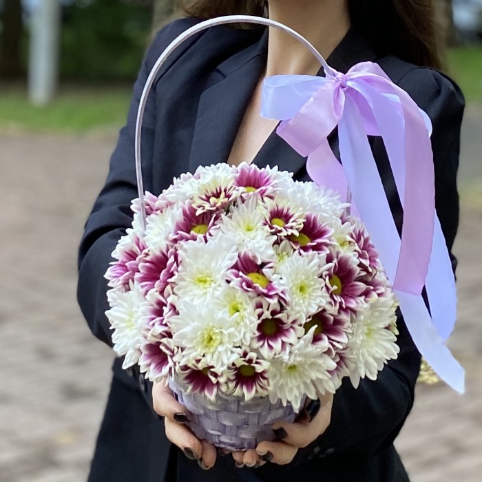 Дуэт кустовых хризантем в корзине