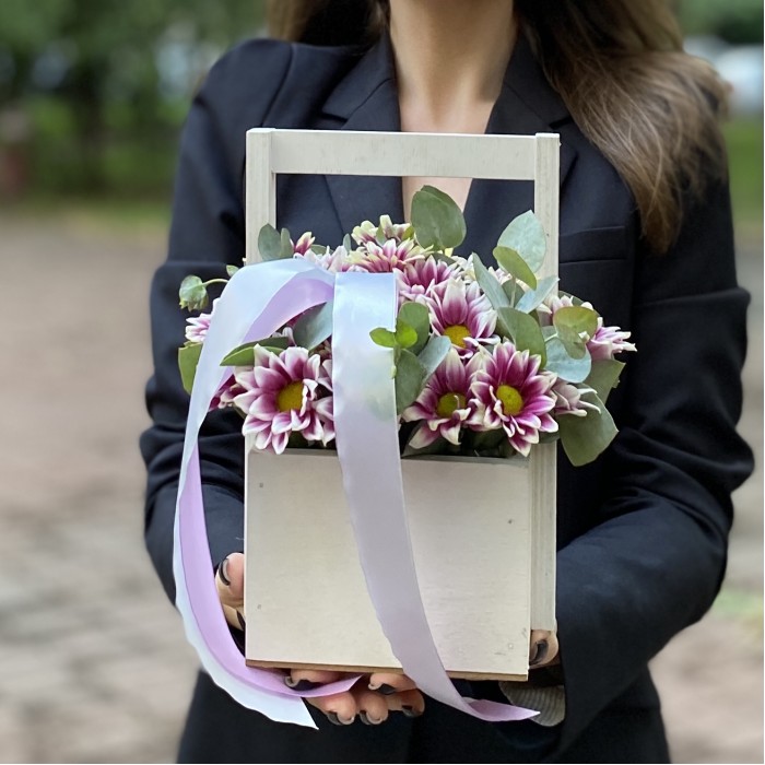 Кустовая хризантема Хайдар пинк в деревянном ящике