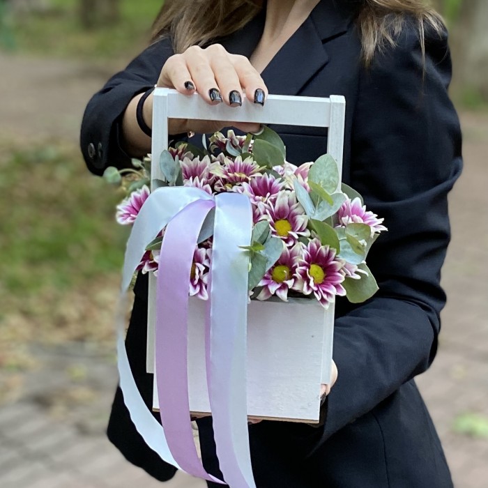 Кустовая хризантема Хайдар пинк в деревянном ящике