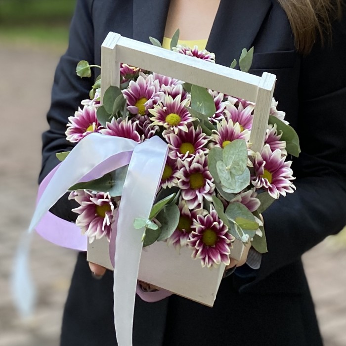 Кустовая хризантема Хайдар пинк в деревянном ящике