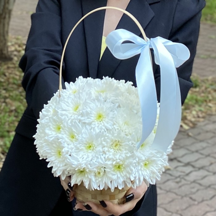 Кустовая белая хризантема Балтика в корзине