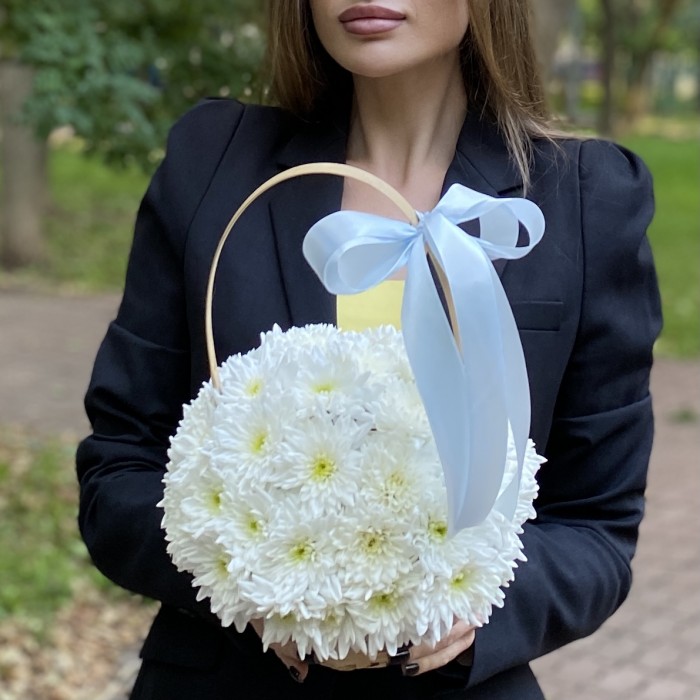 Кустовая белая хризантема Балтика в корзине