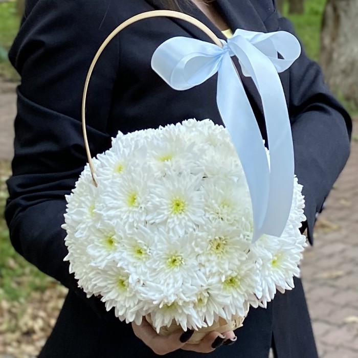 Кустовая белая хризантема Балтика в корзине