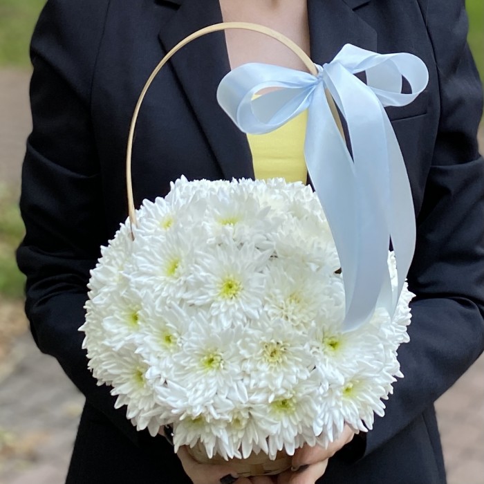 Кустовая белая хризантема Балтика в корзине