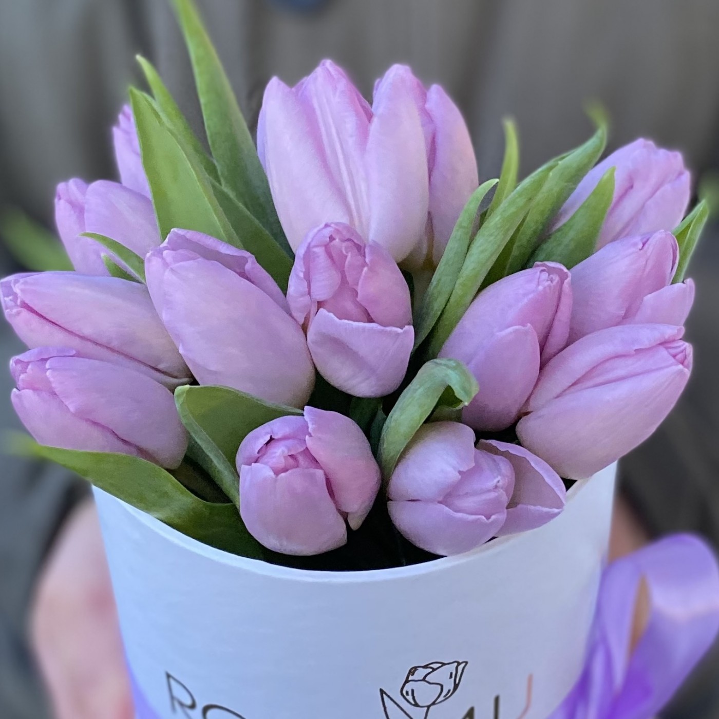 15 лиловых тюльпанов в коробке
