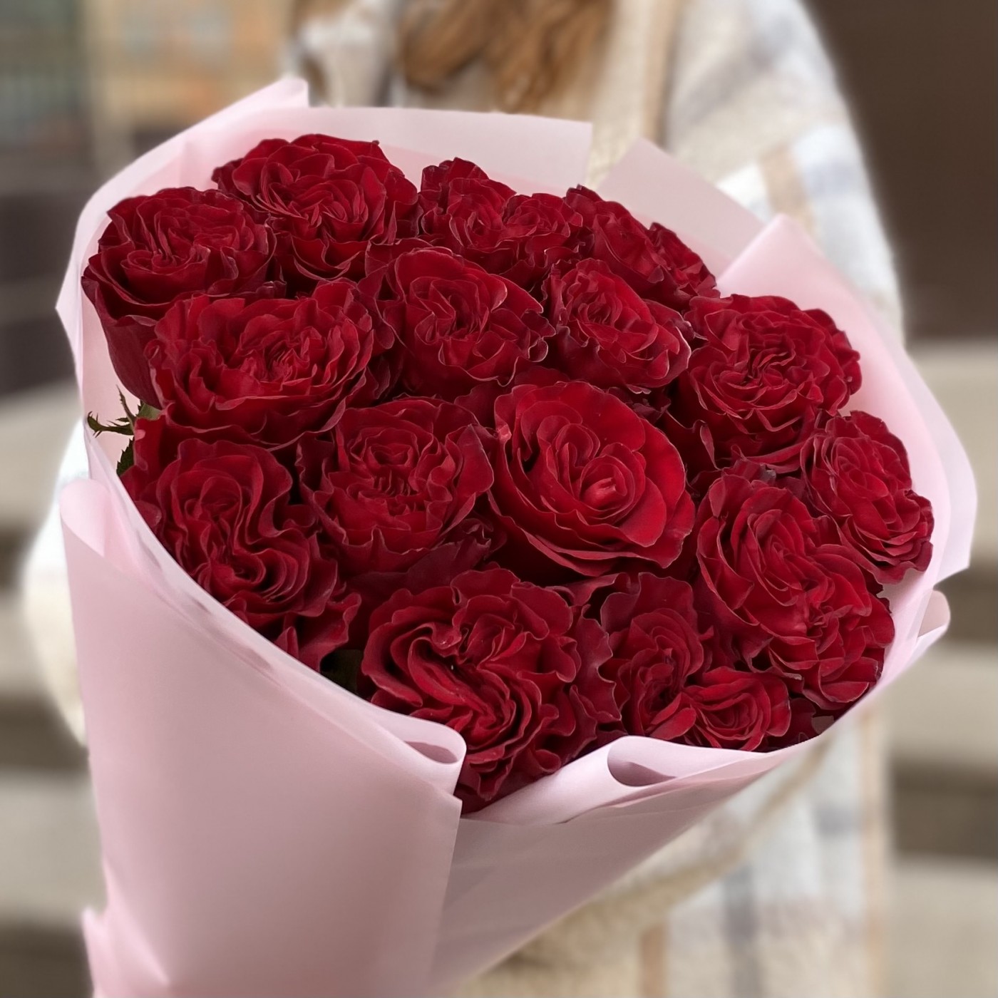 15 красных пионовидных роз Хартс