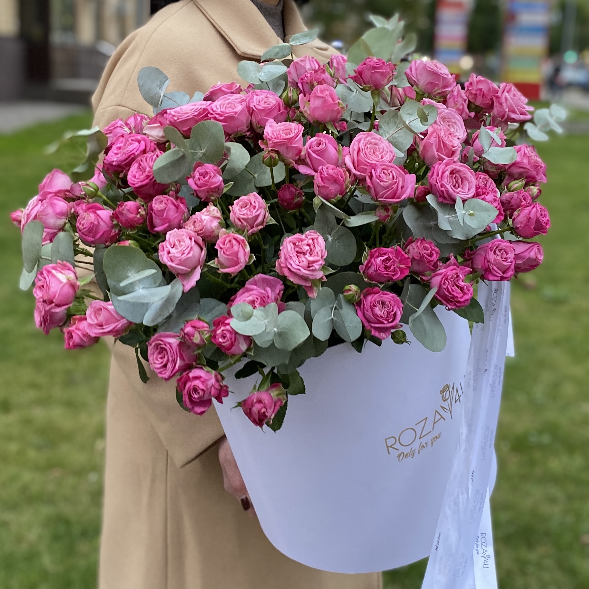 25 пионовидных кустовых роз Леди Бомбастик в коробке