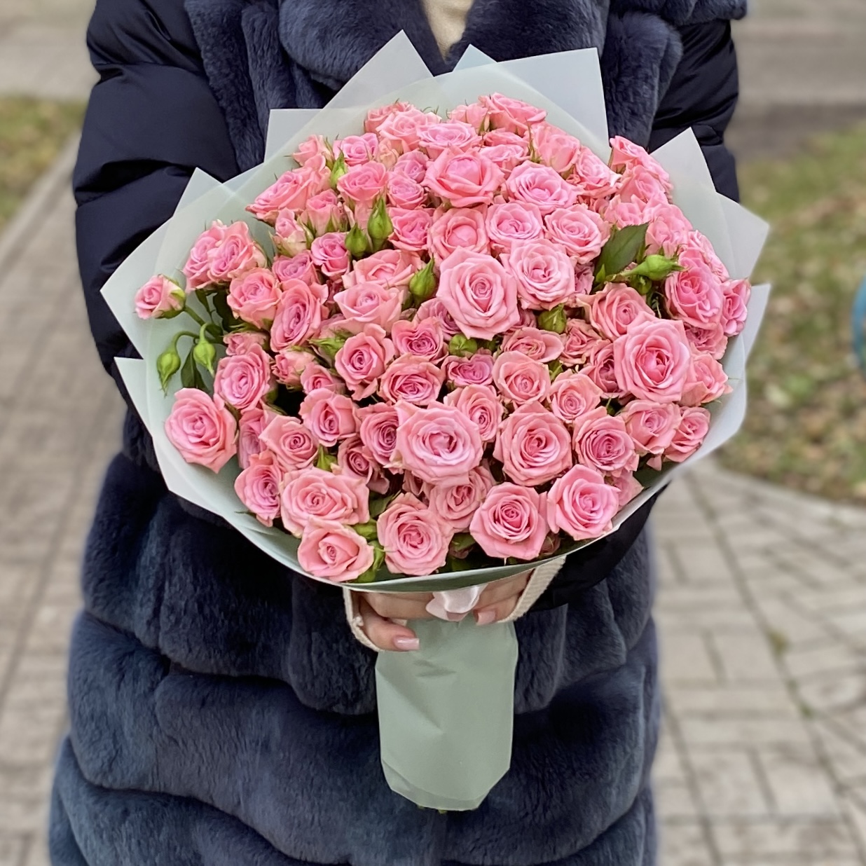 25 розовых кустовых роз Одилия 40см