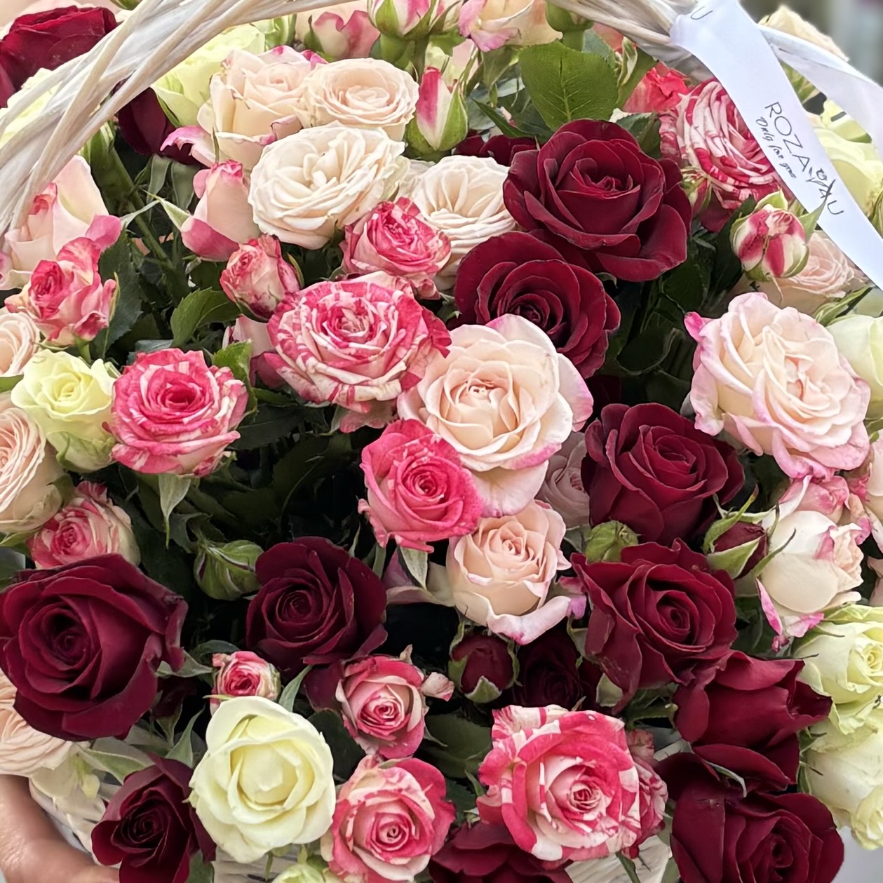 25 ярких кустовых роз в корзине