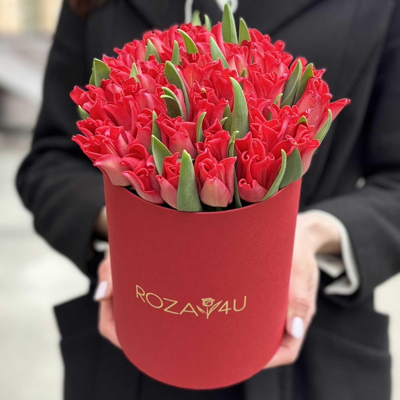 35 красных тюльпанов Ред дресс в коробке