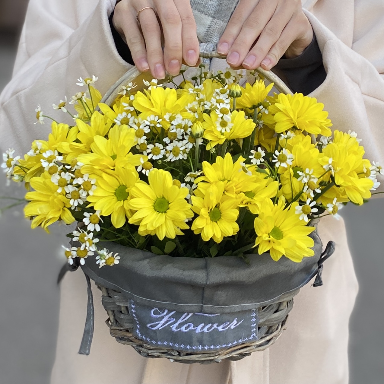 5 желтых кустовых хризантем Бакарди с ромашкой в корзине