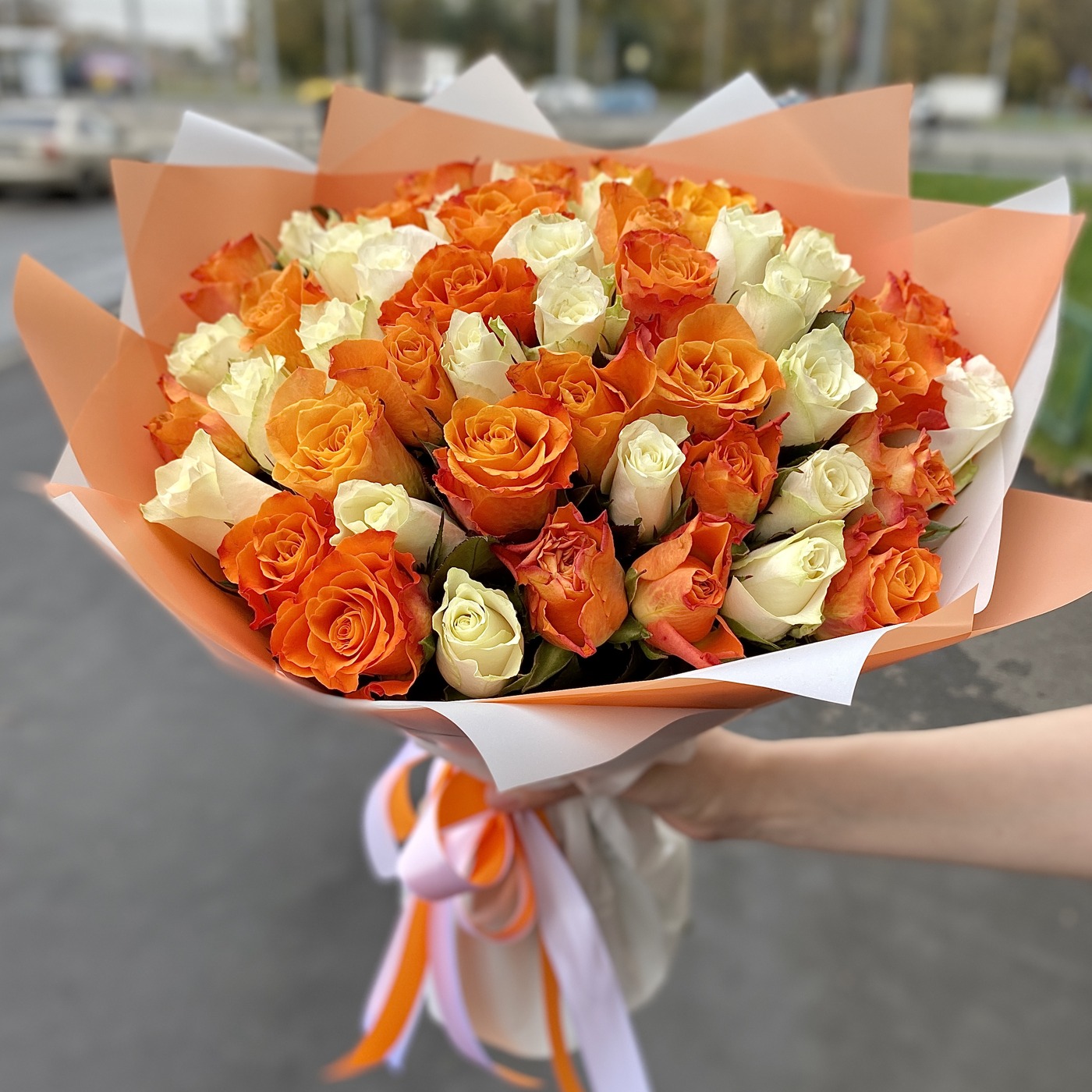 51 роза белого и оранжевого цветов