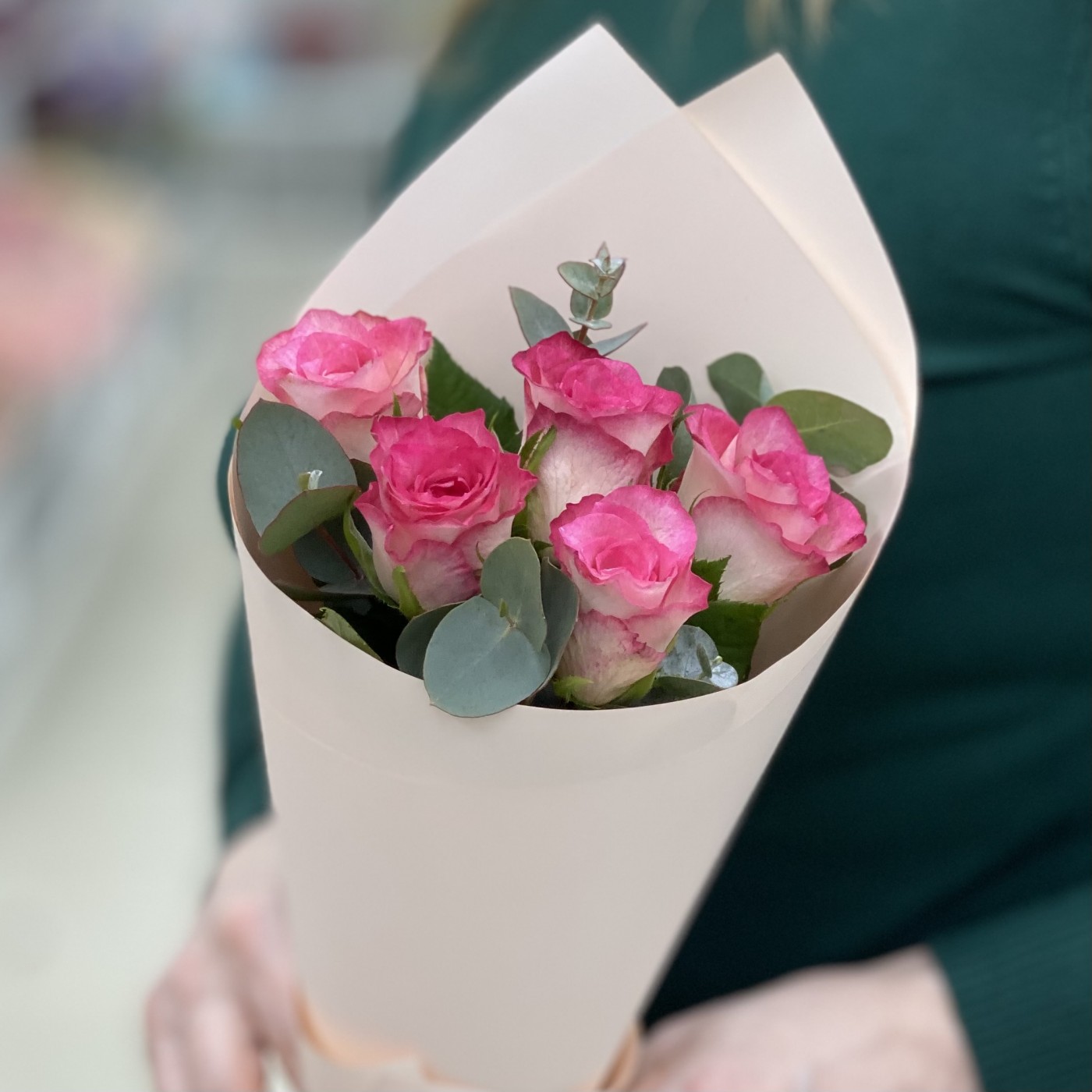 5 малиново - белых роз с эвкалиптом